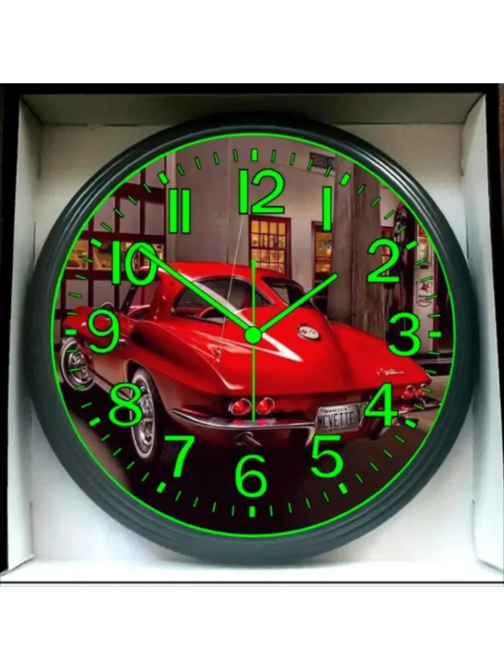 Classic Car Chevy Corvette Red Glow in The Dark Wall Clock New!